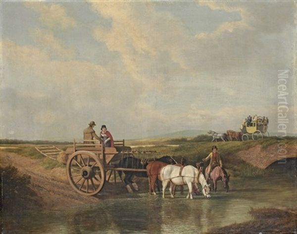 A Landscape With A Cart At A Ford, Farmhorses Watering, And A Coach Beyond Oil Painting by Jacques-Laurent Agasse