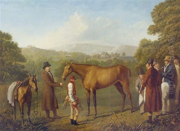 A Bay Racehorse Held By A Trainer In An Extensive Landscape, With Jockey And Other Figures Nearby Oil Painting by Jacques-Laurent Agasse