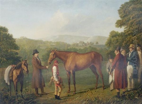 A Bay Racehorse Held By Her Trainer In An Extensive Landscape, With Jockey And Other Figures Nearby Oil Painting by Jacques-Laurent Agasse