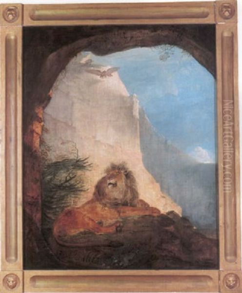 A Lion Resting In A Rocky Landscape Oil Painting by Jacques-Laurent Agasse