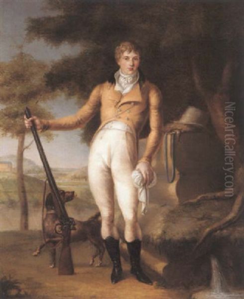 Portrait Of A Gentleman Standing In A Landscape, His Gun In His Right Hand And His Dog By His Side Oil Painting by Jacques-Laurent Agasse