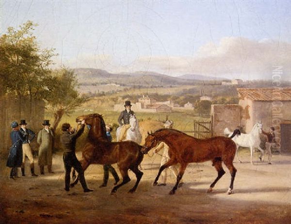 A Stallion Being Led To A Mare In Stable Yard, A Landscape With Villas Beyond Oil Painting by Jacques-Laurent Agasse