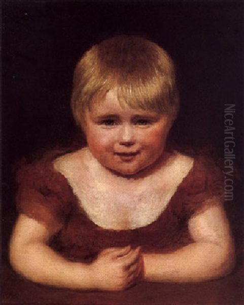 Portrait Of Ellen Booth When A Child, Wearing A Red Dress, Resting On A Ledge Oil Painting by Jacques-Laurent Agasse