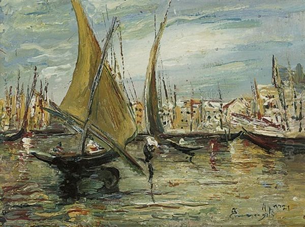 Fishing Boats (+ Another; Pair) Oil Painting by Ermenegildo Agazzi