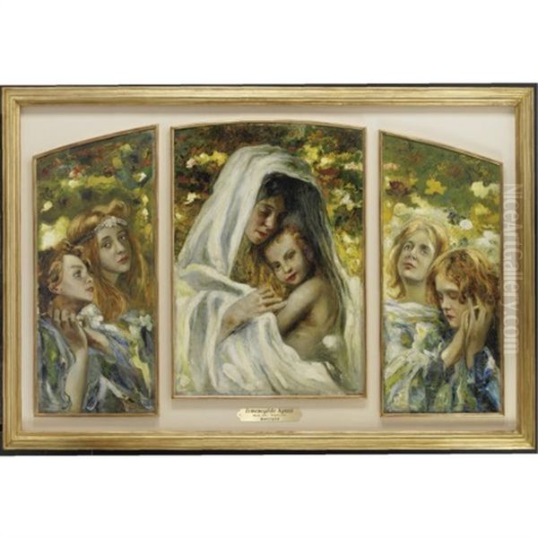 Maternita Con Angeli (triptych) Oil Painting by Ermenegildo Agazzi