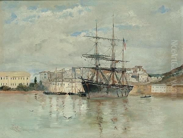 A Us Tall Ship In Harbour Oil Painting by Elenore Plaisted Abbott