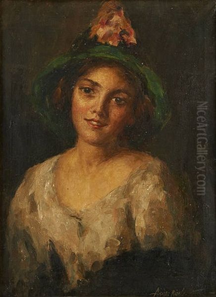 Portrait De Jeune Femme Au Chapeau Fleuri Oil Painting by Rinaldo Agazzi