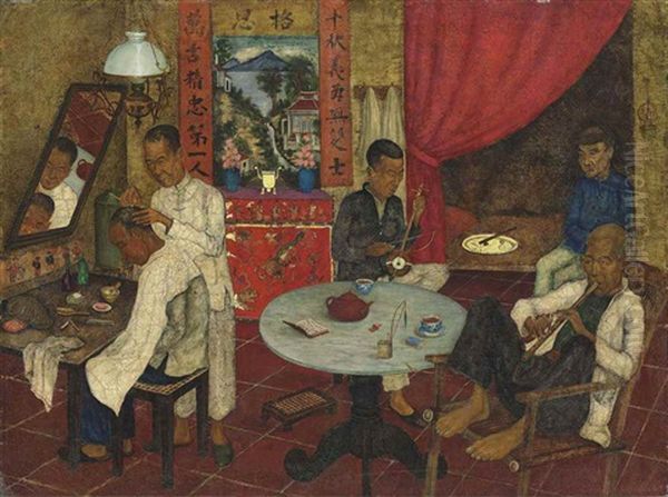 A Chinese Barber's Shop Oil Painting by Ernst Agerbeek