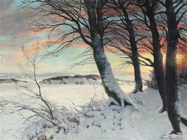 A Winter Landscape Oil Painting by Hans Mortensen Agersnap