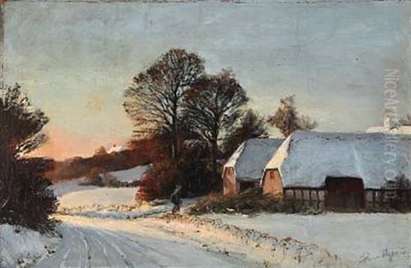 Sunset On A Winter Day In The Countryside Oil Painting by Hans Mortensen Agersnap