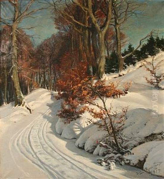 Winter Day On A Forest Road In Munkebjerg, Denmark Oil Painting by Hans Mortensen Agersnap