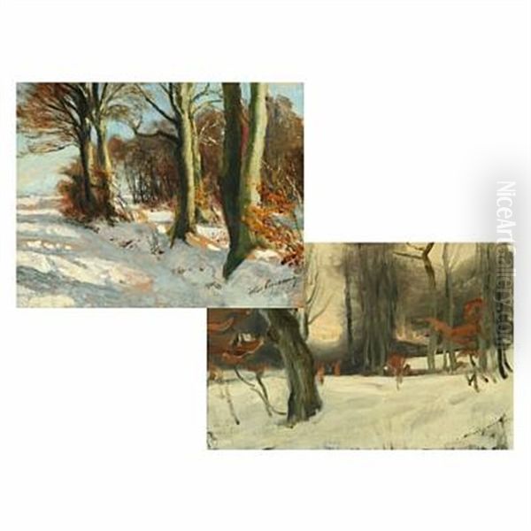 Winter Landscapes (2 Works) Oil Painting by Hans Mortensen Agersnap