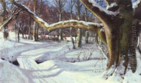 Winter Woodland Scene With Children Oil Painting by Hans Mortensen Agersnap