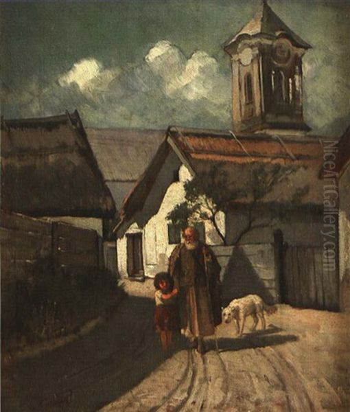 Alter Schafer Mit Knabe Und Hund Auf Dorfweg Oil Painting by Gyula Agghazy