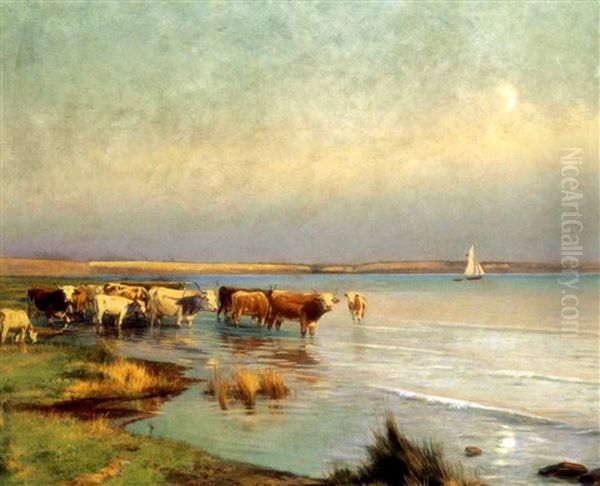 Tehenek A Balaton-parton (cows By The Lake Balaton) Oil Painting by Gyula Agghazy