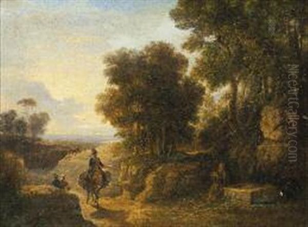 Paesaggio Con Viandanti E Fontana Oil Painting by Agostino Aglio