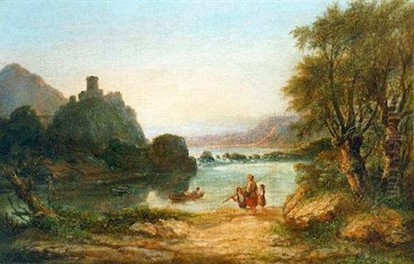 Lakescene With Figures In The Foreground Oil Painting by Agostino Aglio