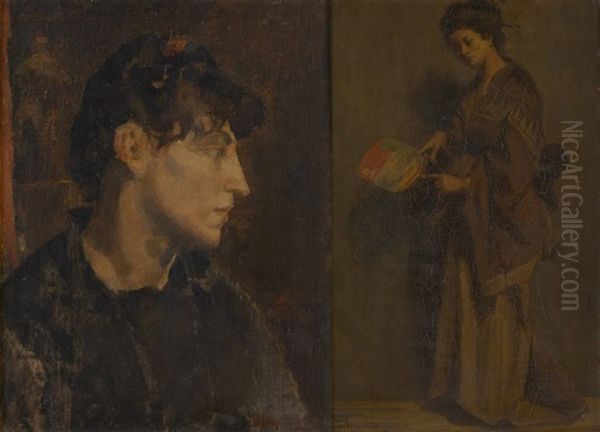 Jeune Femme A L'eventail Et Esquisse (2 Works) Oil Painting by Edouard Agneessens