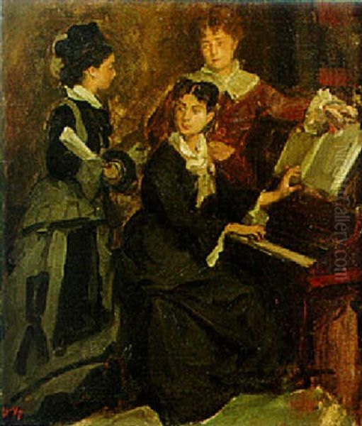 Ladies By A Piano Oil Painting by Edouard Agneessens