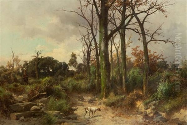 Chien A L'arret Et Chasseur Dans Les Bois Oil Painting by Guido Agostini