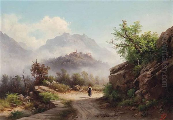 A Girl On The Road To San Marcello Pistoiese, Italy Oil Painting by Guido Agostini