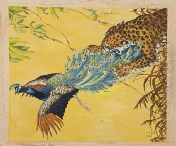 Jaguar And Peacock Oil Painting by Jacob Bates Abbott