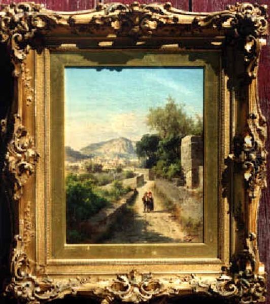 Figures On A Road Near An Italian Town Oil Painting by Guido Agostini