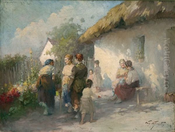 People Gathered Outside A Thatched Cottage Oil Painting by Acs Agoston