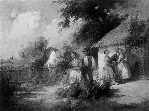 Peasants Gathering In Cottage Garden Oil Painting by Acs Agoston