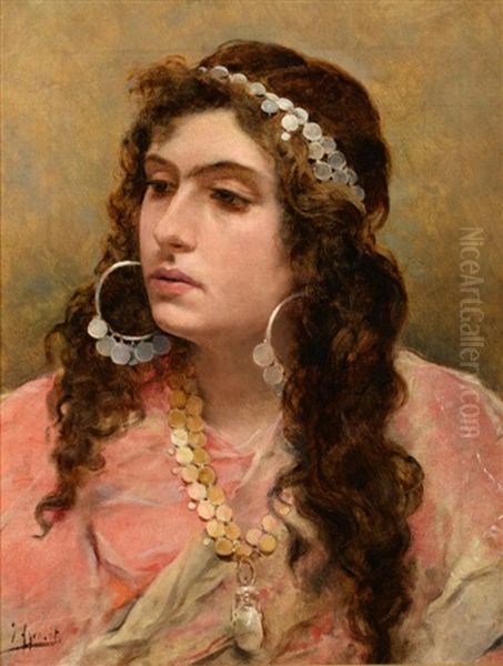 A Gypsy Lady, Head And Shoulders Oil Painting by Joaquin Agrasot y Juan