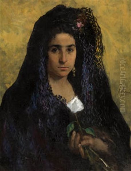 Dama Con Mantilla Oil Painting by Joaquin Agrasot y Juan