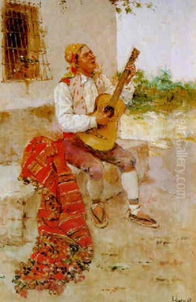 Valenciano Tocando La Guitarra Oil Painting by Joaquin Agrasot y Juan