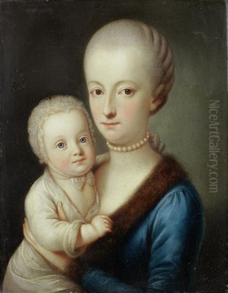 Portrait Of A Gentleman, Half-length, Wearing The Order Of The Golden Fleece; And Portrait Of A Lady, Half-length, In A Blue Dress And Fur Mantle, Holding Her Child (pair) Oil Painting by Carl Josef Alois Agricola