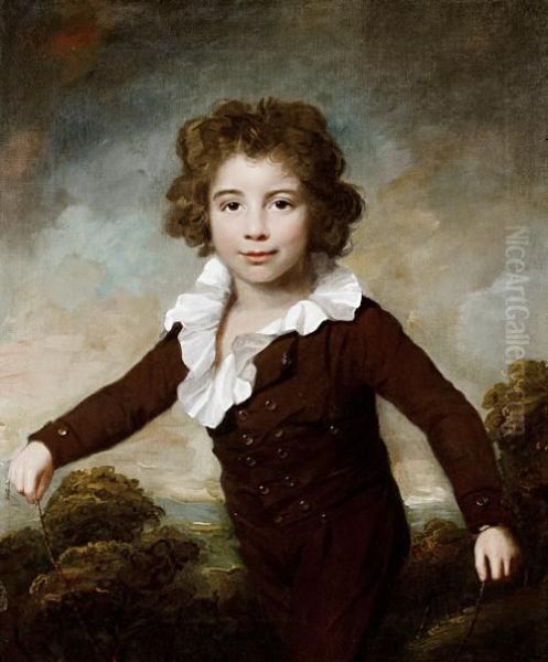 Portrait Of A Young Boy, Three-quarter-length, In A Brown Coat And Breeches, Holding A Skipping Rope Before A Landscape Oil Painting by Lemuel Francis Abbott