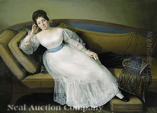 A Portrait Of A Nobelwoman On An Empire Sofa Oil Painting by Carl Josef Alois Agricola