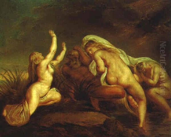 Nereus Und Seine Tochter Die Nereiden Im Sturm, Auf Ein Zeichen Des Gottervaters Zeus Wartend Oil Painting by Carl Josef Alois Agricola