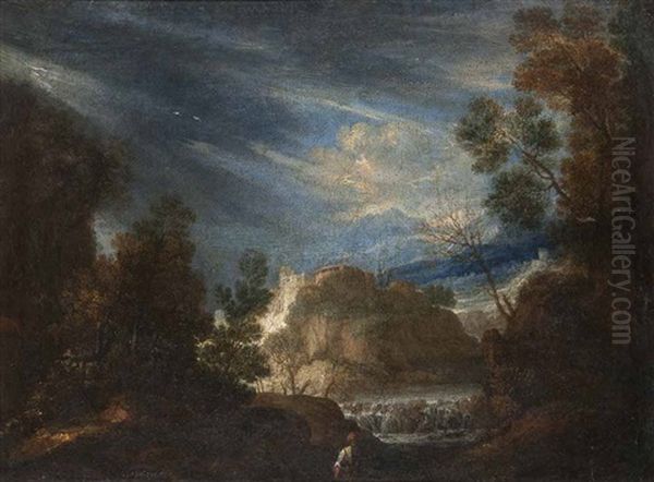 Sturmische Landschaft Mit Kleinem Wasserfall Oil Painting by Christoph Ludwig Agricola