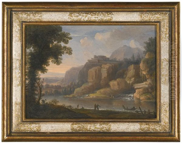 A Rocky River Landscape With Figures And A Fishing Boat By A Waterfall And A Wooded River Landscape With Travellers On A Path Crossing A Bridge (pair) Oil Painting by Christoph Ludwig Agricola