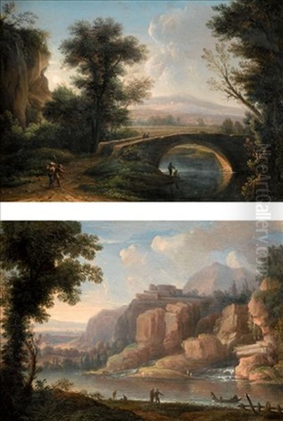 A Mountainous River Landscape With Figures By The Shore (+ A Southern Landscape With A Bridge Crossing A Small River; Pair) Oil Painting by Christoph Ludwig Agricola