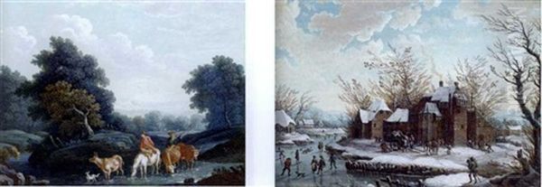 A Wooded Landscape With Peasants And Cattle Fording A Stream (+ A Winter Landscape With Skaters By A Fortified Farm; Pair) Oil Painting by Christoph Ludwig Agricola