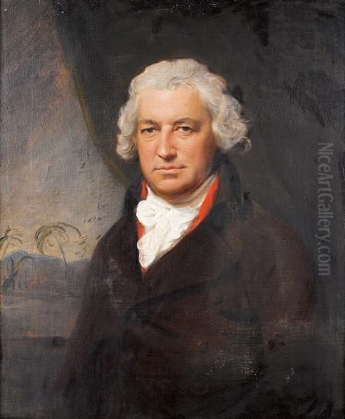 Portrait Of Bryan Edwards (1743-1800),half-length, In A Brown Coat, Seated Before A Green Curtain, A Viewto A Caribbean Landscape Beyond Oil Painting by Lemuel Francis Abbott