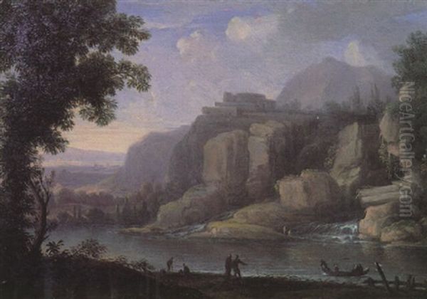 A Rocky River Landscape With Figures And A Fishing Boat By A Waterfall Oil Painting by Christoph Ludwig Agricola