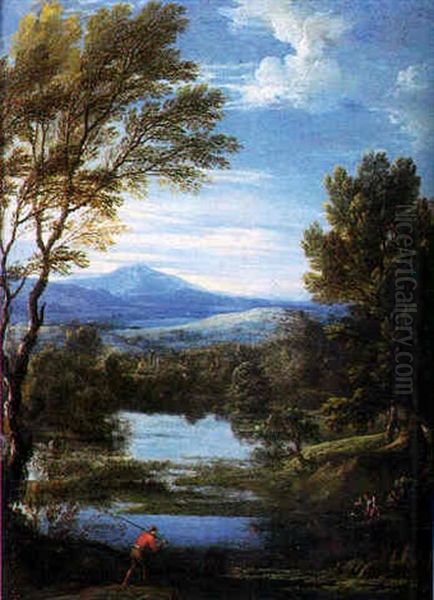 La Trappe Aux Oiseaux Au Bord De La Mare Oil Painting by Christoph Ludwig Agricola