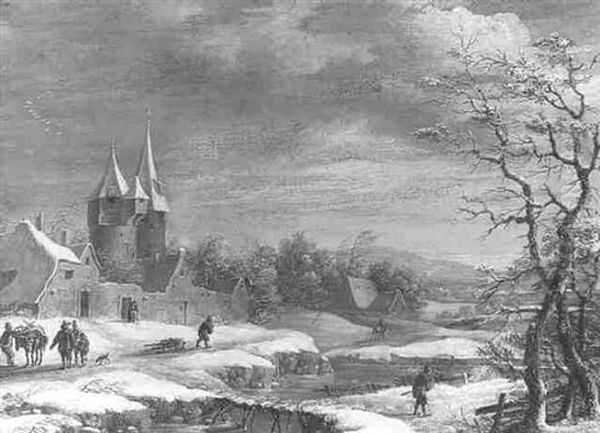 A Winter Scene Oil Painting by Christoph Ludwig Agricola