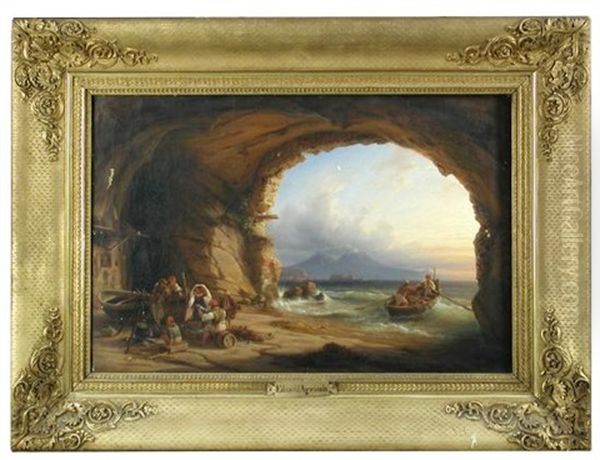 A View Of The Bay Of Naples From Near Pozzuoli, From Within A Fisherman's Cave, With Mount Vesuvius In The Far Distance Oil Painting by Eduard Agricola