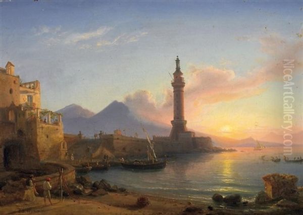 Blick Auf Eine Suditalienische Bucht Mit Leuchtturm Bei Sonnenaufgang Oil Painting by Eduard Agricola