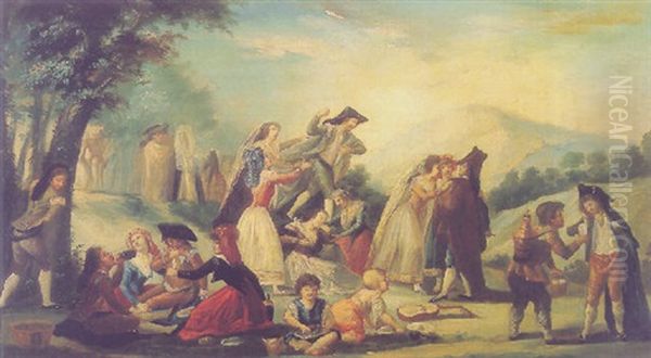 Elegant Couples In A Landscape Picnicking Oil Painting by Andres Gines De Aguirre