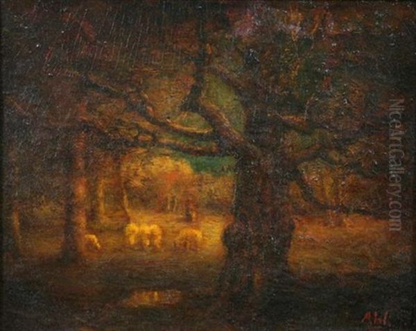 Barbizon Landscape Oil Painting by Henry Hammond Ahl