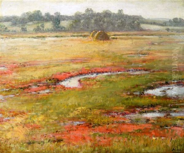 A Marsh In Bloom With Haystacks In The Distance Oil Painting by Henry Hammond Ahl