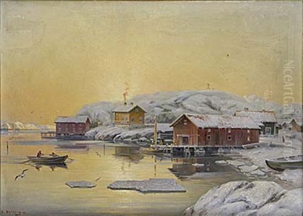 Gullholmen Vintermorgon Oil Painting by Arvid Magnus Ahlberg